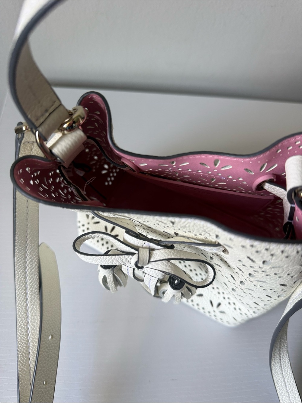 kate spade White Perforated Leather Drawstring Bucket Bag - Picture 9 of 11